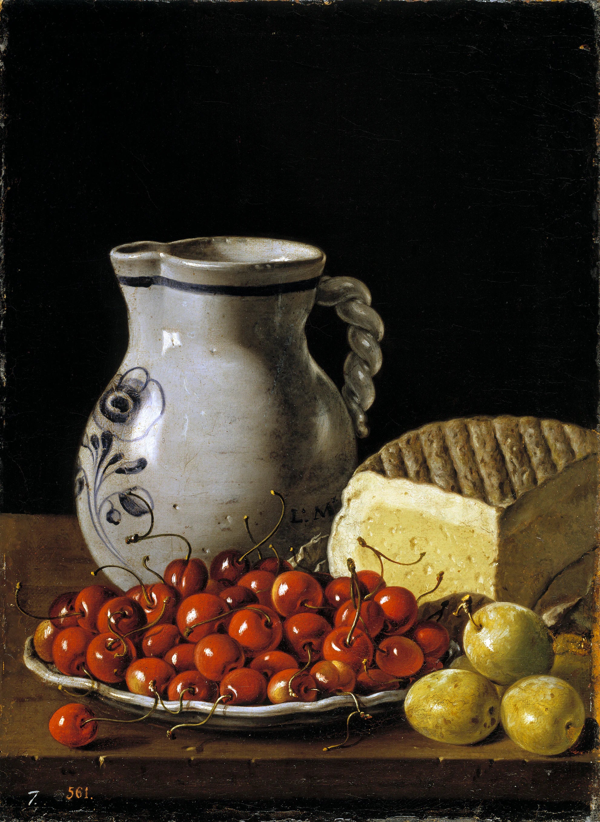 Nature morte avec une assiette de cerises, de prunes, un pichet et du fromage - Luis Eugenio Meléndez