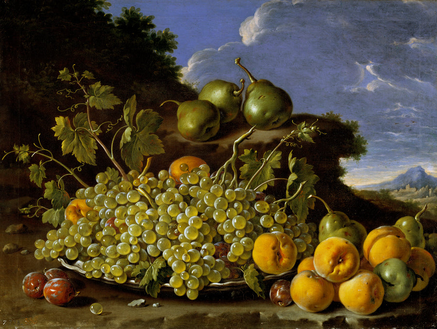 Nature morte avec assiette de raisins, pêches, poires et pruneaux dans un paysage - Luis Eugenio Meléndez