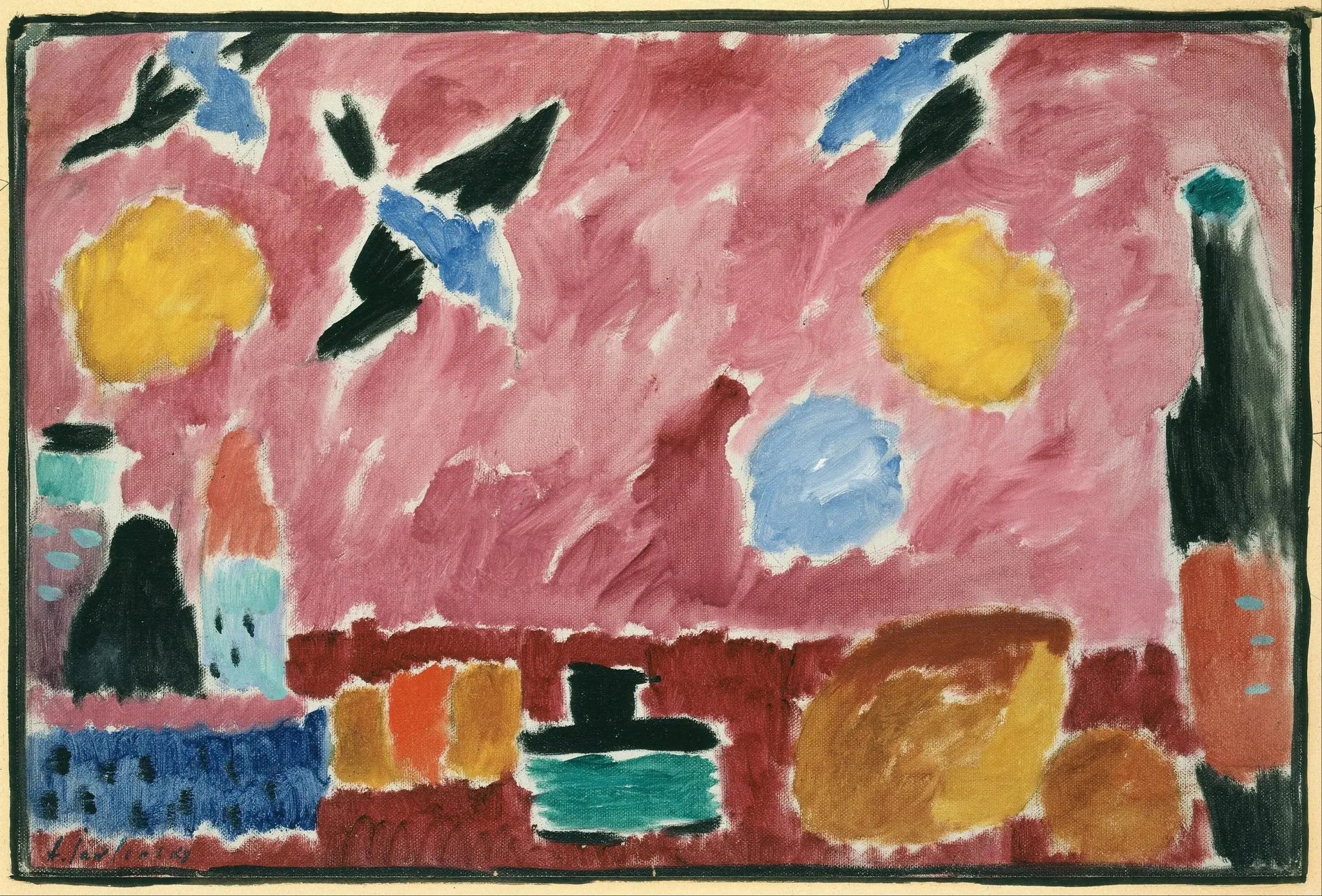 Nature morte avec bouteille, pain et papier peint rouge avec hirondelles - Alexej von Jawlensky image 1 tableau peint à l’huile sur toile
