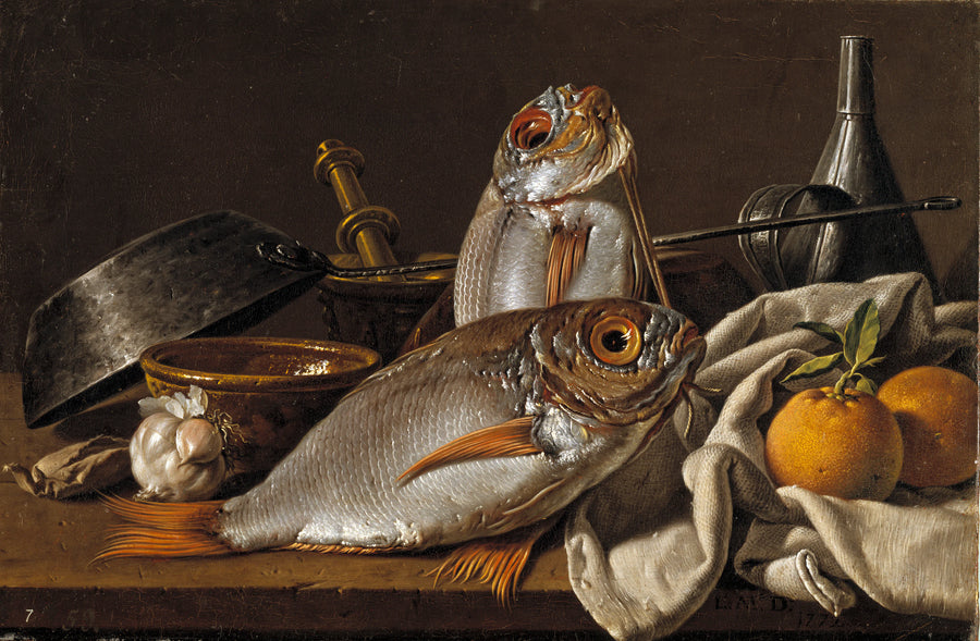 Nature morte avec des brèmes, des oranges, de l'ail, des condiments et des ustensiles de cuisine - Luis Eugenio Meléndez