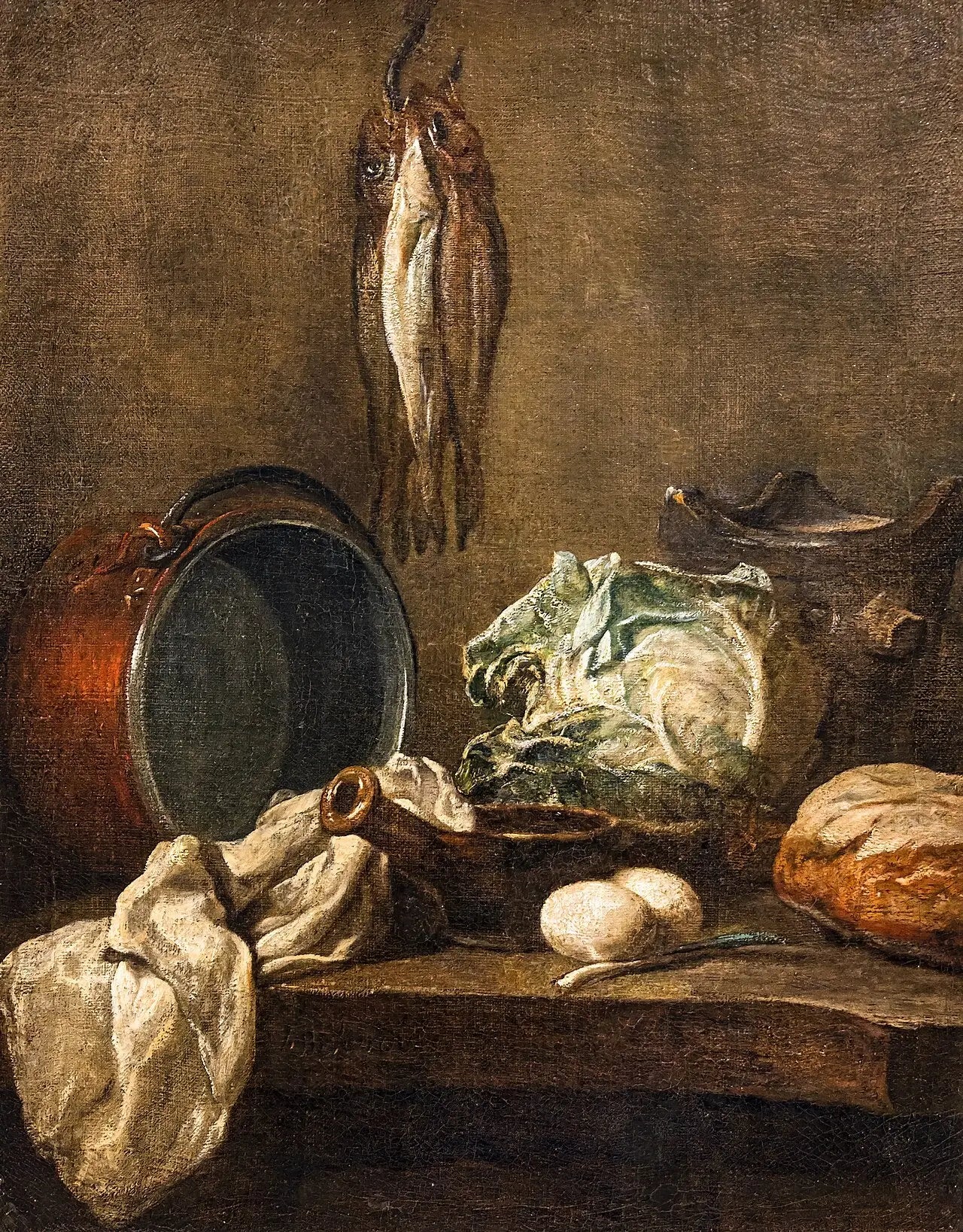 Nature morte avec chaudron, poêlon, fourneau, torchon, chou, deux œufs, poireau, pain et trois harengs - Jean Siméon Chardin image 1 copie peinte à la main à l’huile