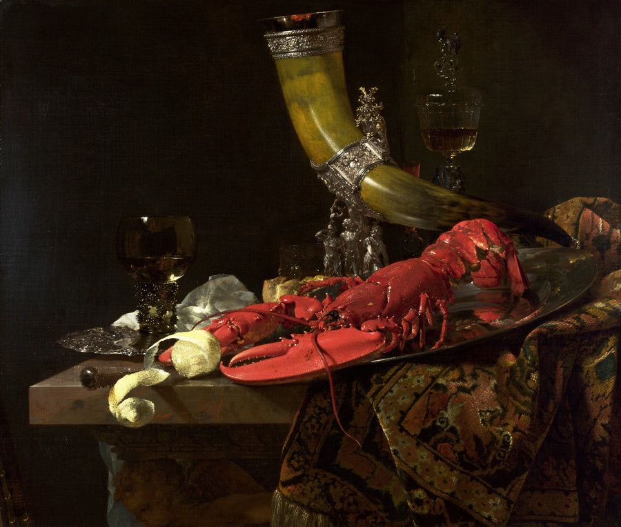 Nature morte avec la corne à boire de la corporation des archers de Saint-Sébastien, un homard et des verres - Willem Kalf