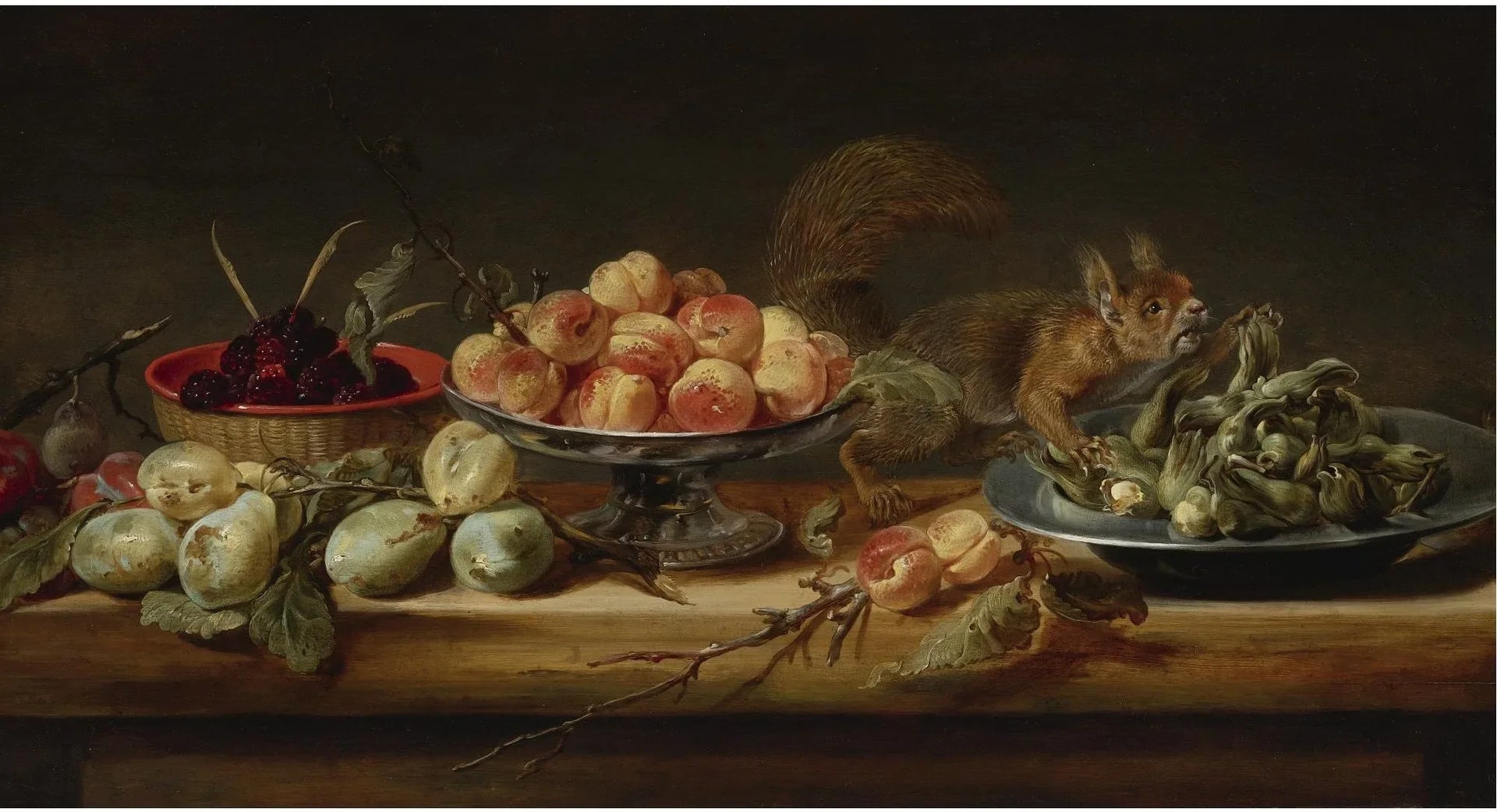Nature morte avec des pêches dans une coupe, des noisettes sur une assiette en étain, des framboises dans un panier, avec des poires et un écureuil sur une table - Frans Snyders image 1 reproduction artisanale de tableau