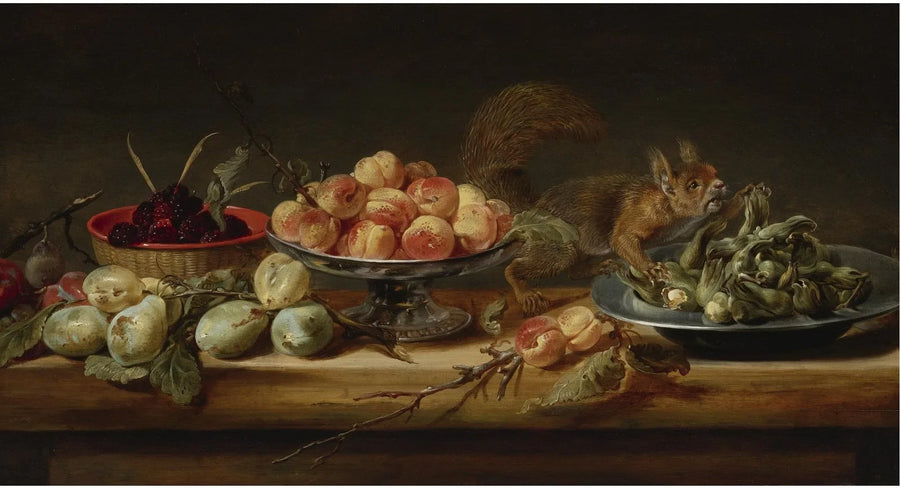 Nature morte avec des pêches dans une coupe, des noisettes sur une assiette en étain, des framboises dans un panier, avec des poires et un écureuil sur une table - Frans Snyders