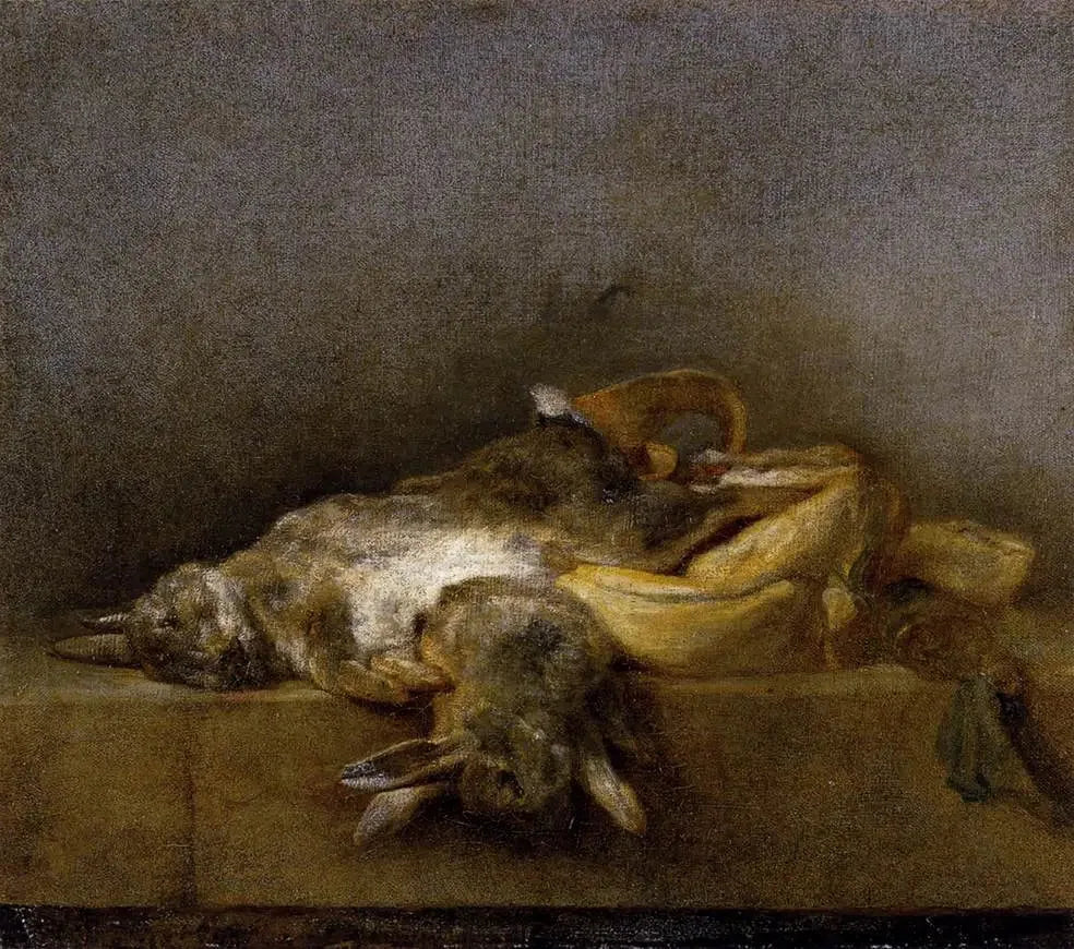 Nature morte avec deux lapins, une gibecière et une poire à poudre - Jean Siméon Chardin image 1 reproduction de peinture à l’huile
