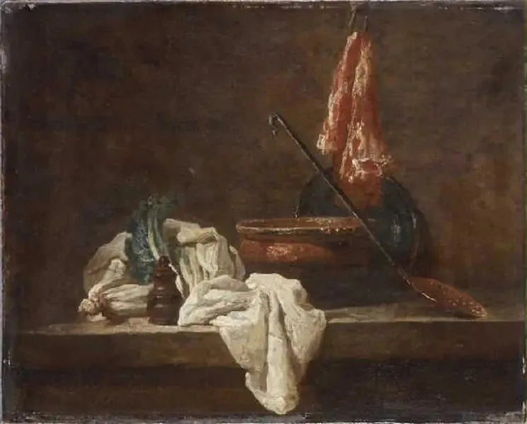 Nature morte avec deux pieds de céleri, boîte à épices, torchon, terrine, plat, écumoire et morceau de viande - Jean Siméon Chardin image 1 reproduction de peinture à l’huile
