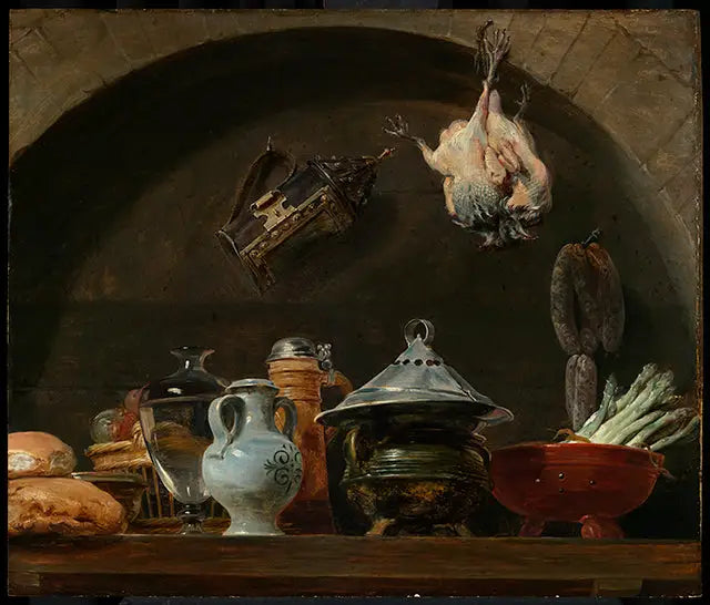 Nature morte avec diverses poteries, du pain, une lampe et de la volaille plumée dans une niche - Peter Paul Rubens image 1 copie peinte à la main à l’huile