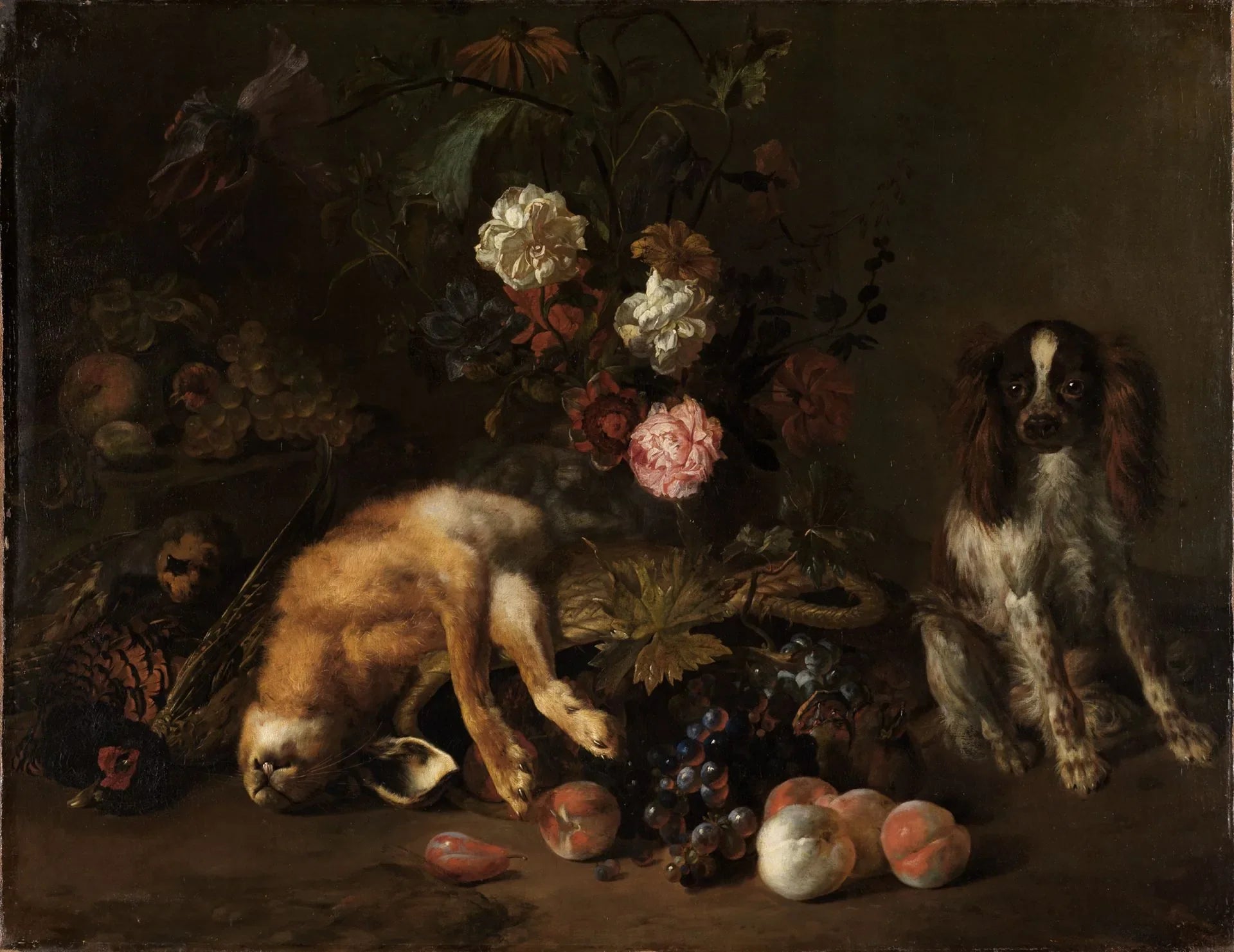 Nature morte avec fleurs, lièvre mort et épagneul - Nicolas de Largillière image 1 reproduction de peinture à l’huile