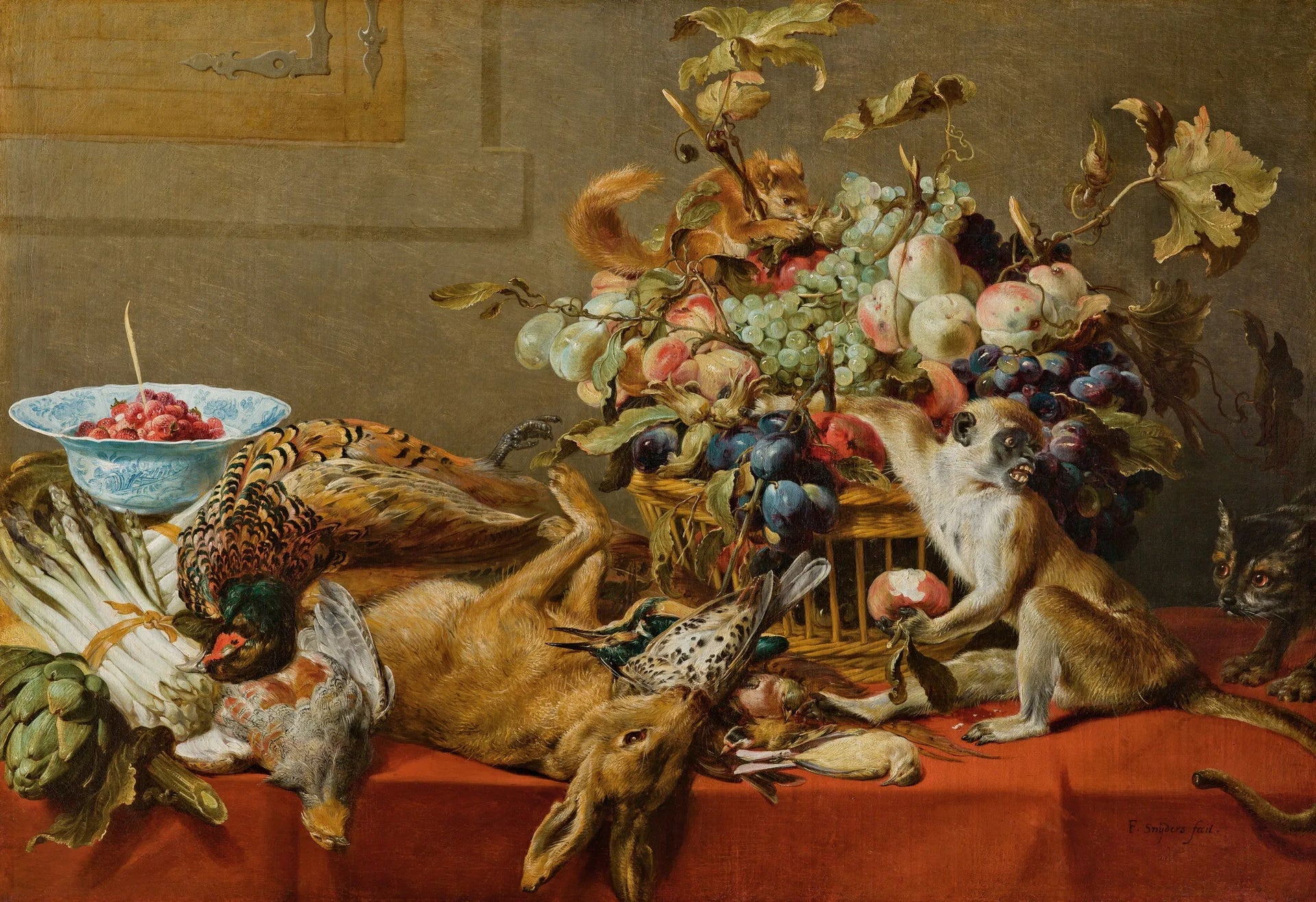Nature morte avec fruits, gibier mort, légumes, un singe vivant, un écureuil et un chat - Frans Snyders image 1 reproduction réalisée par Alpha Reproduction