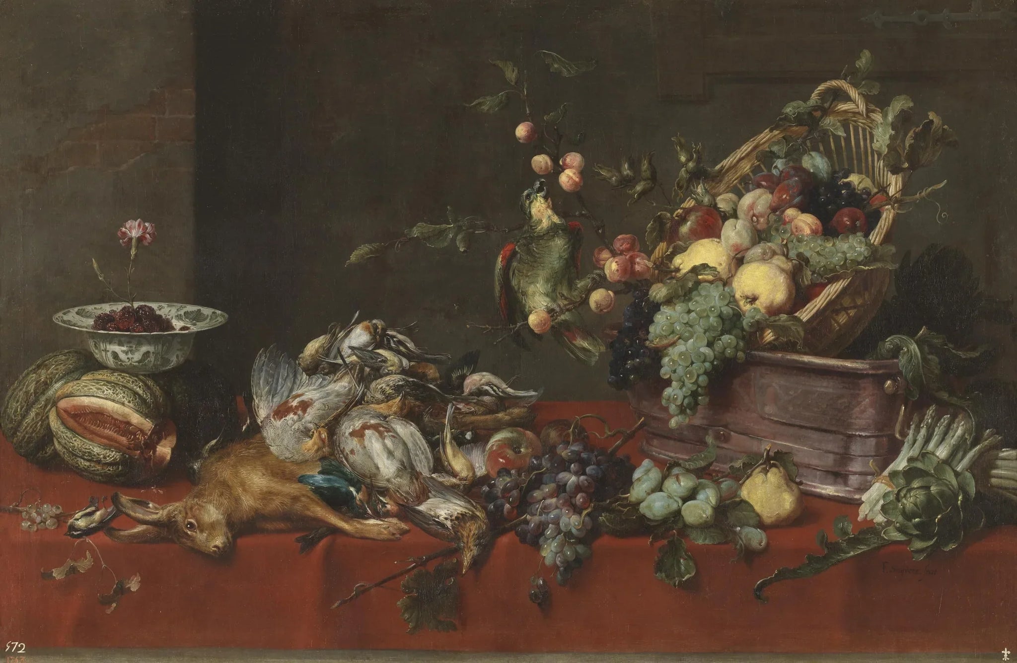 Nature morte avec gibier, légumes et fruits sur une table, avec un perroquet sur une branche - Frans Snyders image 1 reproduction de peinture à l’huile