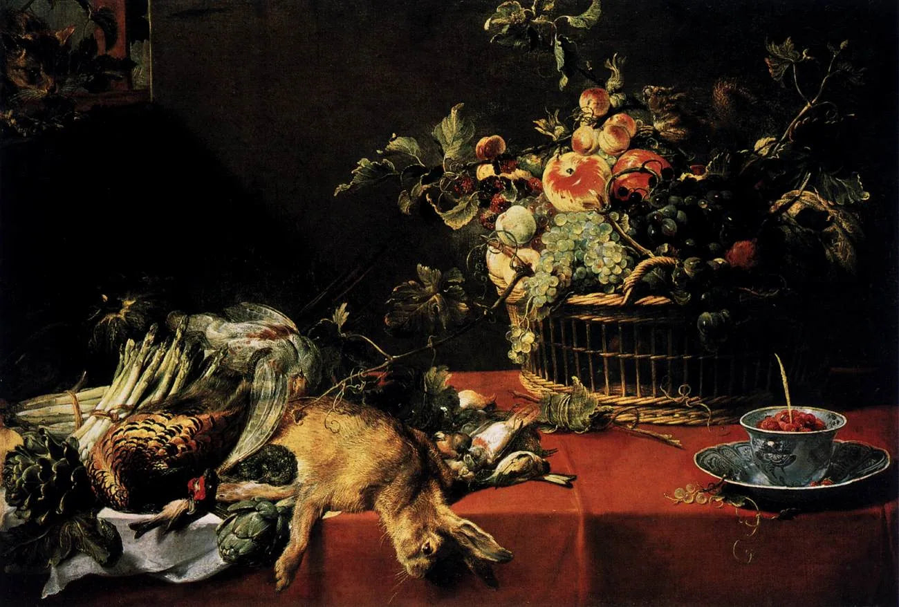 Nature morte avec gibier, légumes, fruits et un écureuil sur une table. Un chat est visible à la fenêtre en haut à gauche. - Frans Snyders image 1 tableau peint à l’huile sur toile