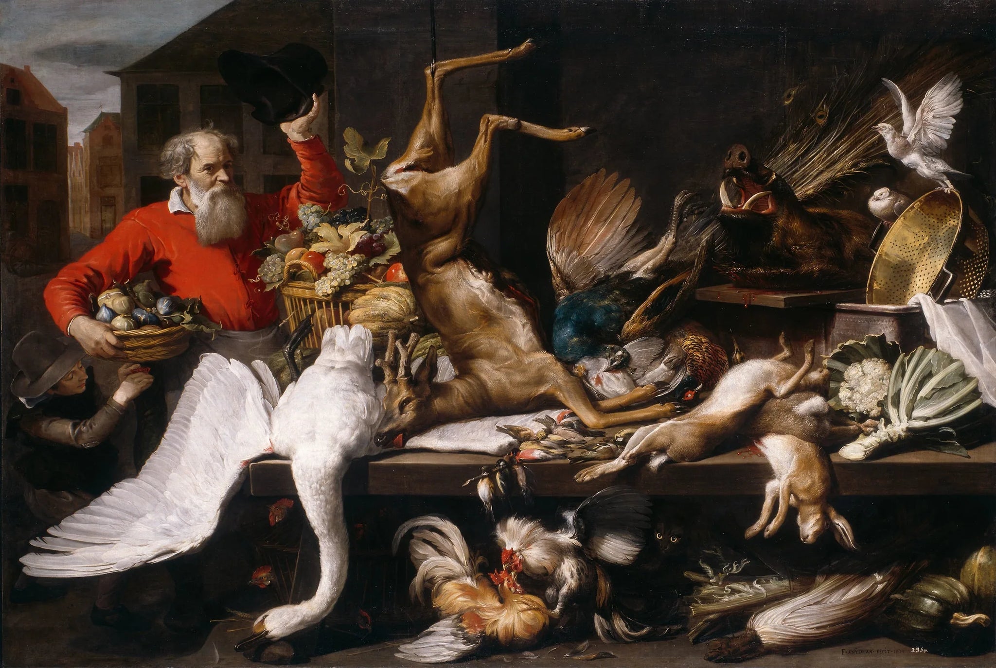 Nature morte avec gibier mort, fruits et légumes sur un marché - Frans Snyders image 1 copie peinte à la main à l’huile