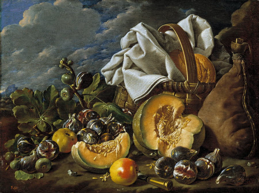 Nature morte avec melon, figues, pommes, outre et panier pique-nique dans un paysage - Luis Eugenio Meléndez