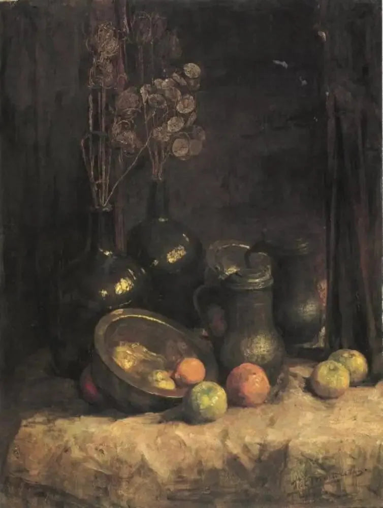 Nature morte avec miroir, récipients, honnêteté et fruits - Piet Mondrian image 1 reproduction de peinture à l’huile