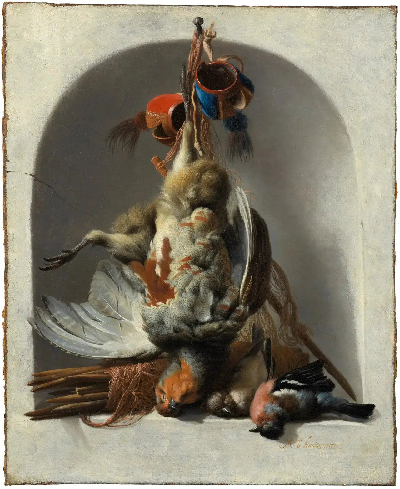 Nature morte avec oiseaux et matériel de chasse dans une niche - Melchior de Hondecoeter image 1 copie de tableau peinte à la main
