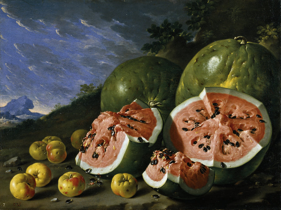 Nature morte avec pastèques et pommes dans un paysage - Luis Eugenio Meléndez