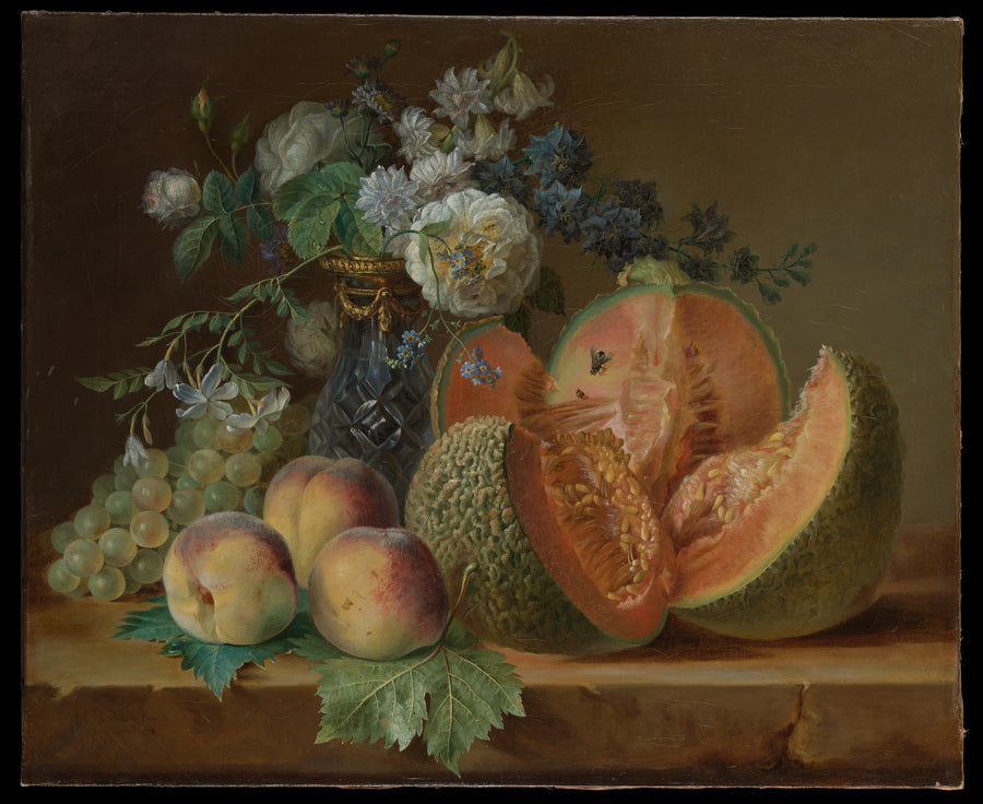 Nature morte avec des pêches, des raisins, un melon et un vase de fleurs - marquise de Grollier Charlotte Eustache Sophie de Fuligny Damas
