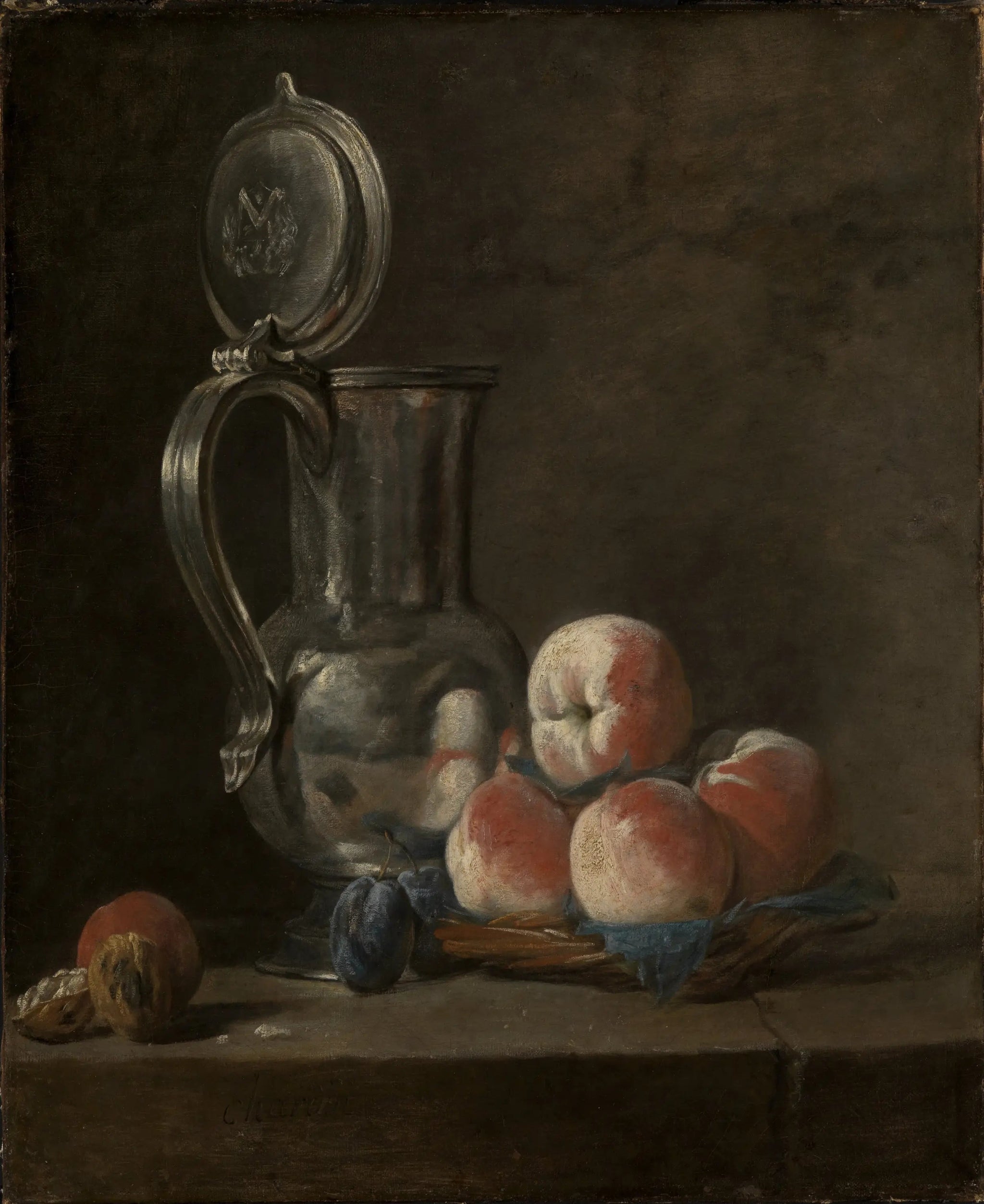 Nature morte avec pichet en fer-blanc et pêches - Jean Siméon Chardin image 1 reproduction d’œuvre d’art à l’huile