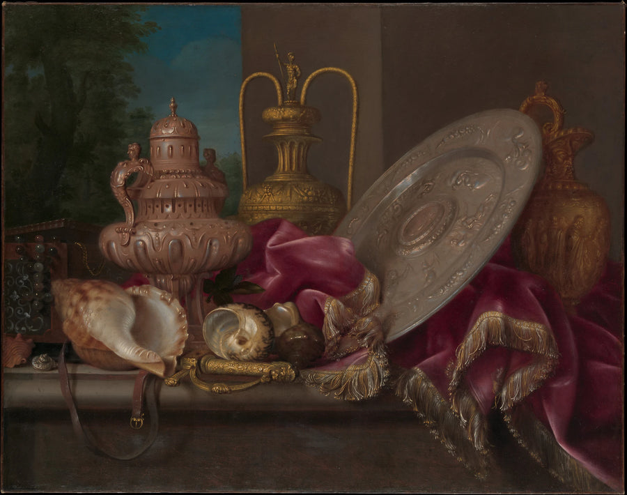 Nature morte avec des plaques d'argent et d'or, des coquillages et une épée - Meiffren Conte