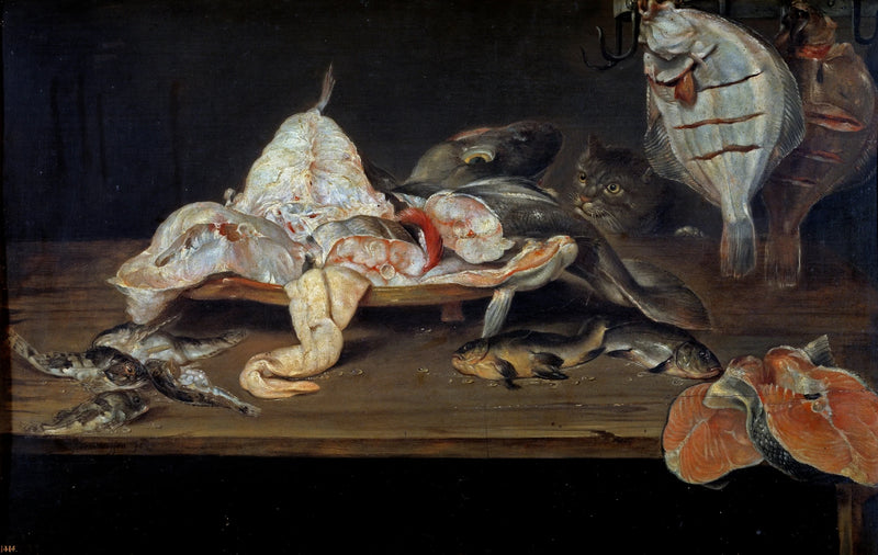Nature morte avec poisson et chat derrière la table - Alexandre Adriaenssen