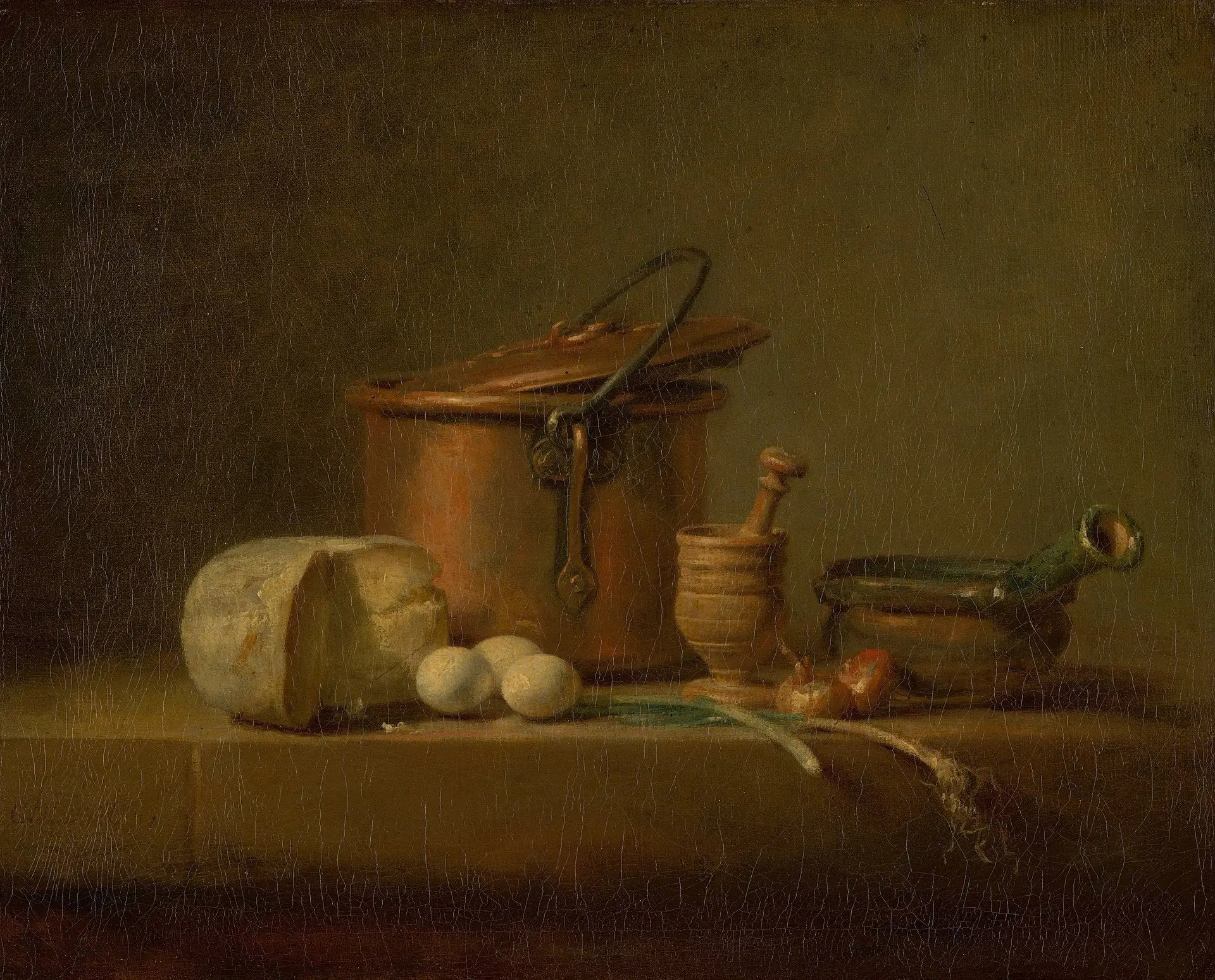 Nature morte avec pot en cuivre, fromage et œufs - Jean Siméon Chardin image 1 copie de tableau peinte à la main
