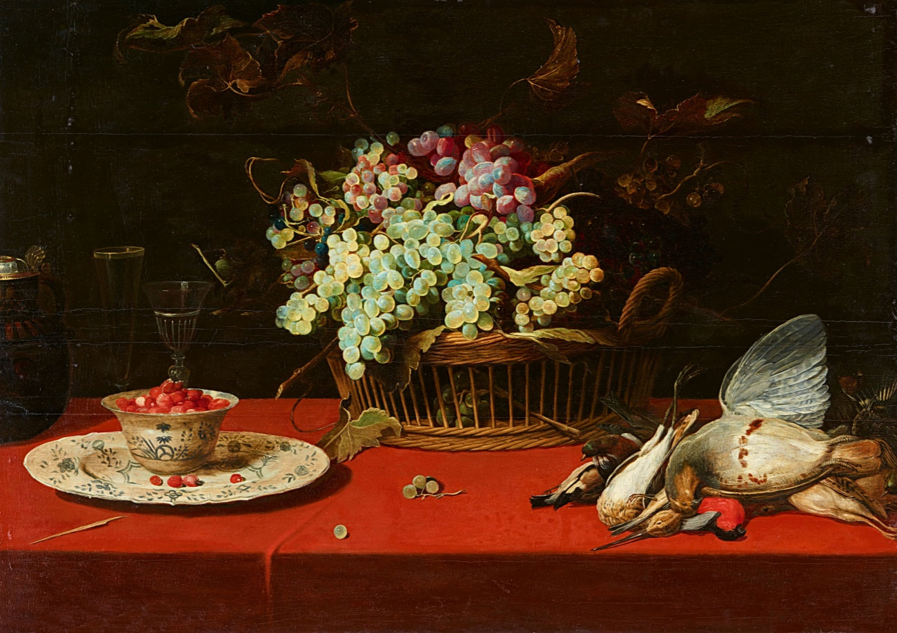 Nature morte avec raisins dans un panier, une coupe de fraises et des oiseaux de gibier - Frans Snyders image 1 reproduction de peinture à l’huile