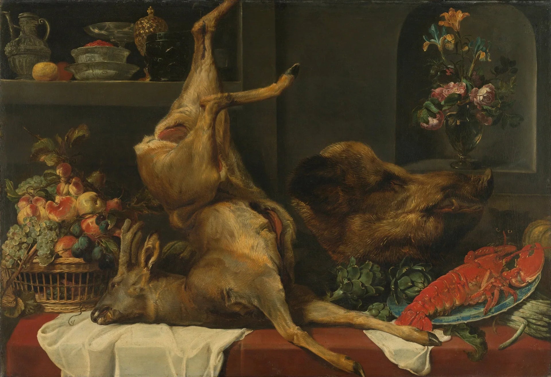 Nature morte avec un cerf, une tête de sanglier, des fruits et des fleurs - Frans Snyders image 1 copie peinte à la main à l’huile
