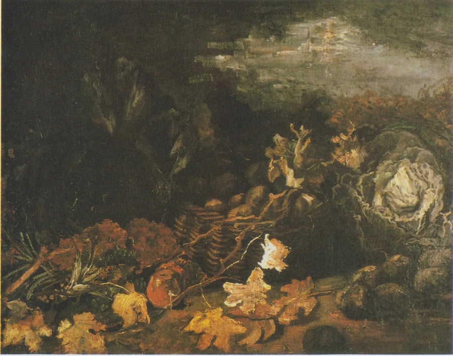 Nature morte avec un panier de pommes de terre, entouré de feuilles d'automne et de légumes - Vincent van Gogh image 1 tableau peint à l’huile sur toile