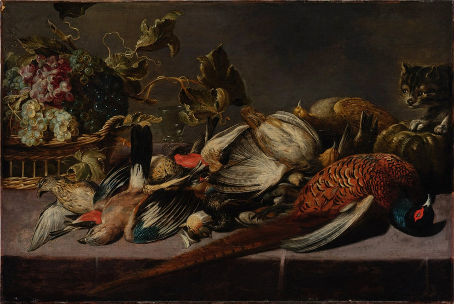 Nature morte avec un panier de raisins, de la volaille et un chat sur une table - Frans Snyders