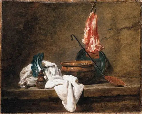 Nature morte avec un torchon, une casserole, une assiette, une écumoire et de la viande sur un crochet - Jean Siméon Chardin image 1 reproduction artisanale de tableau