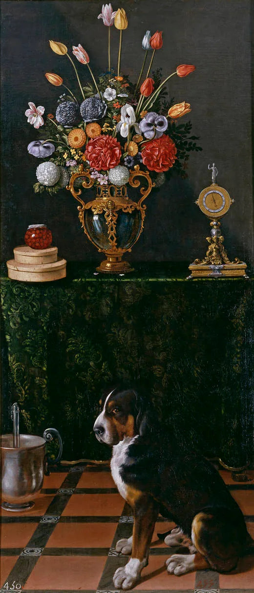 Nature morte avec un vase de fleurs et un chien - Juan van der Hamen image 1 reproduction artisanale de tableau