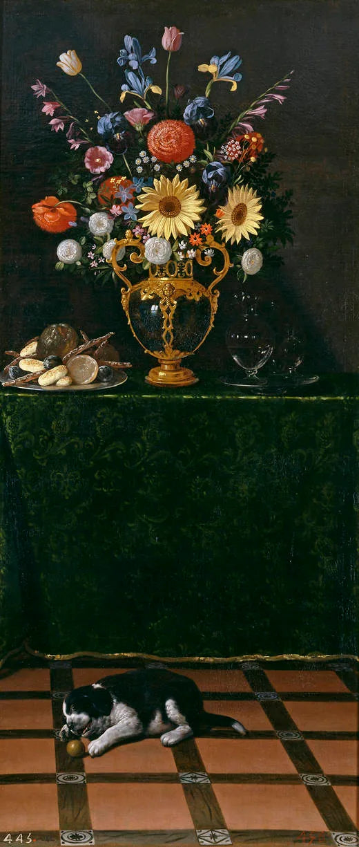Nature morte avec un Vase de fleurs et un chiot - Juan van der Hamen image 1 copie peinte à la main à l’huile