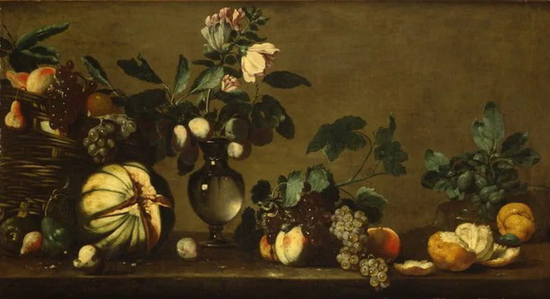 Nature morte avec une corbeille de fruits, un vase de fleurs et des fruits sur un entablement - Bernardo Strozzi