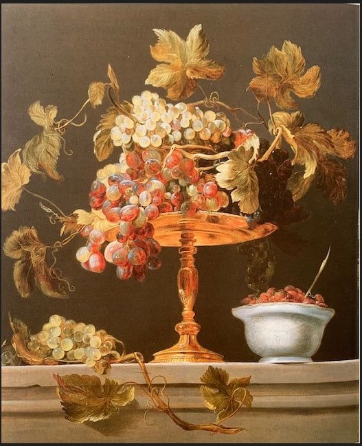 Nature morte avec une coupe de raisins et un bol blanc de fraises des bois sur un rebord de pierre - Frans Snyders image 1 reproduction de peinture à l’huile