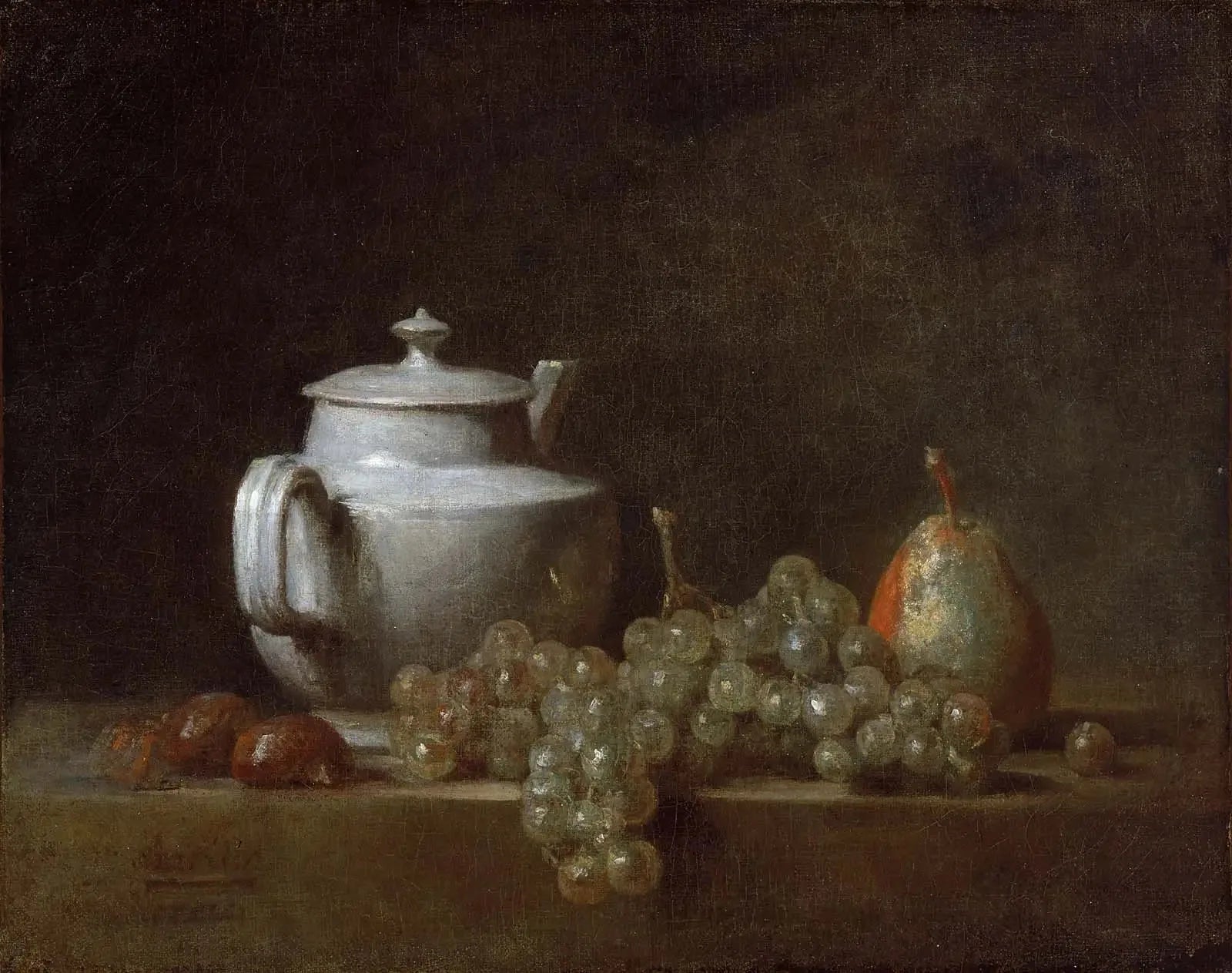 Nature morte avec une théière, des raisins, des châtaignes et une poire - Jean Siméon Chardin image 1 reproduction de peinture à l’huile
