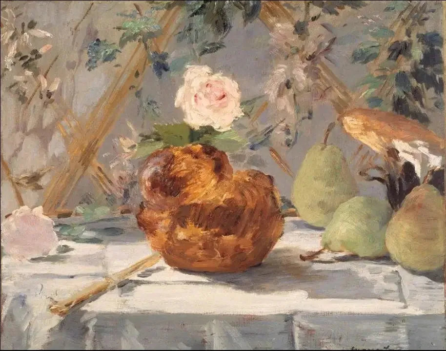 Nature morte, brioche, fleurs, poires - Édouard Manet image 1 reproduction de peinture à l’huile