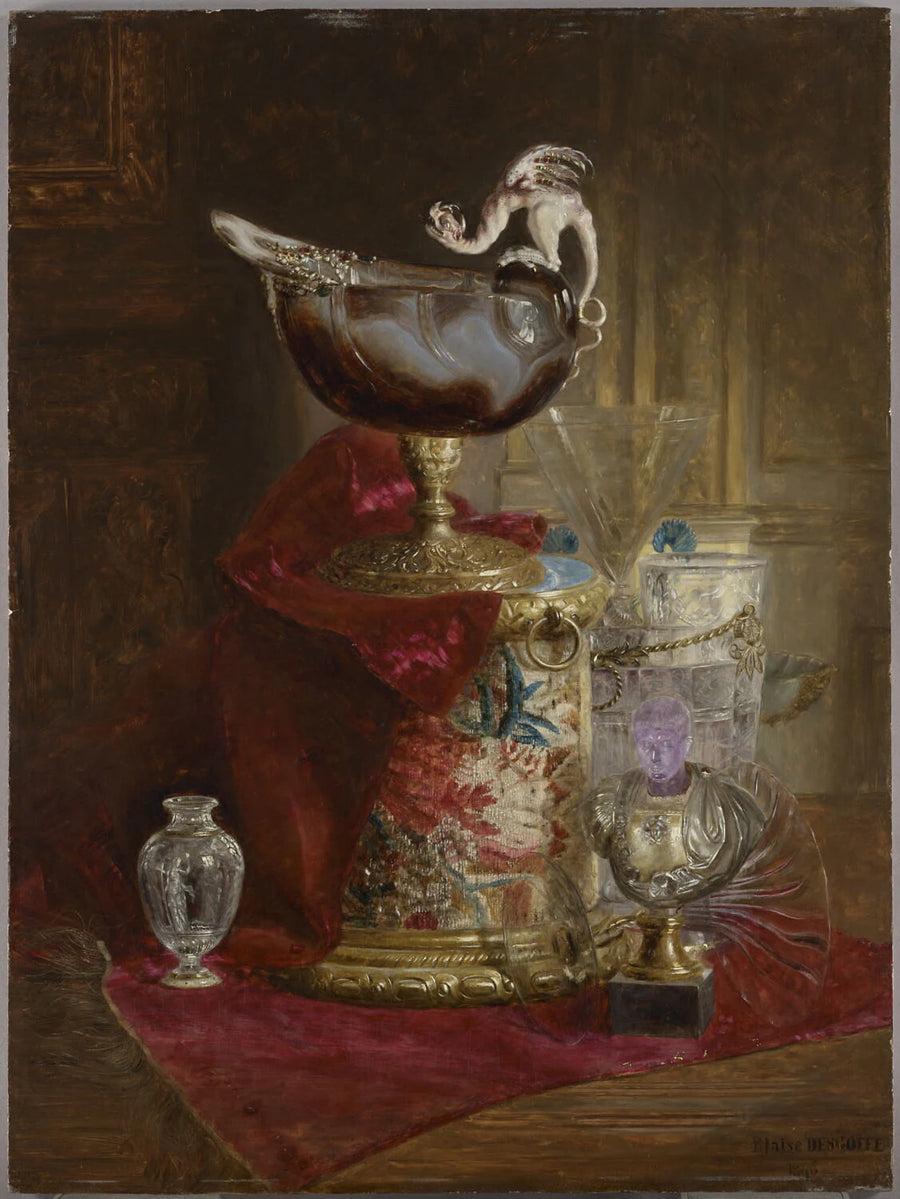 Nature morte à la coupe de sardoine en forme de nautile posée sur un socle habillé de tapisserie, urne, verres et buste d’empereur - Blaise Alexandre Desgoffe