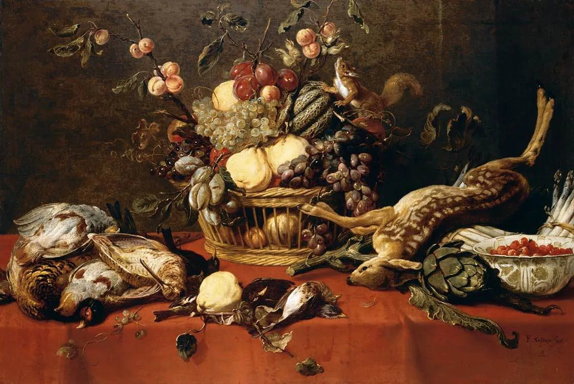 Nature morte de fruits dans un panier, avec du gibier, une coupe de fraises des bois, des artichauts, des asperges et un écureuil sur une table recouverte d'une nappe rouge. - Frans Snyders image 1 reproduction artisanale de tableau