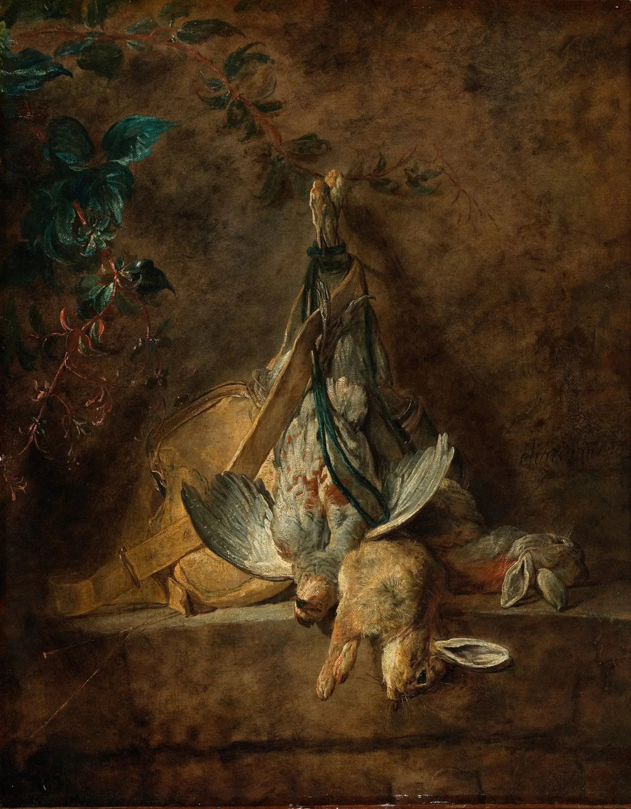 Nature morte : deux lapins, une perdrix grise, une gibecière et une poire à poudre - Jean Siméon Chardin