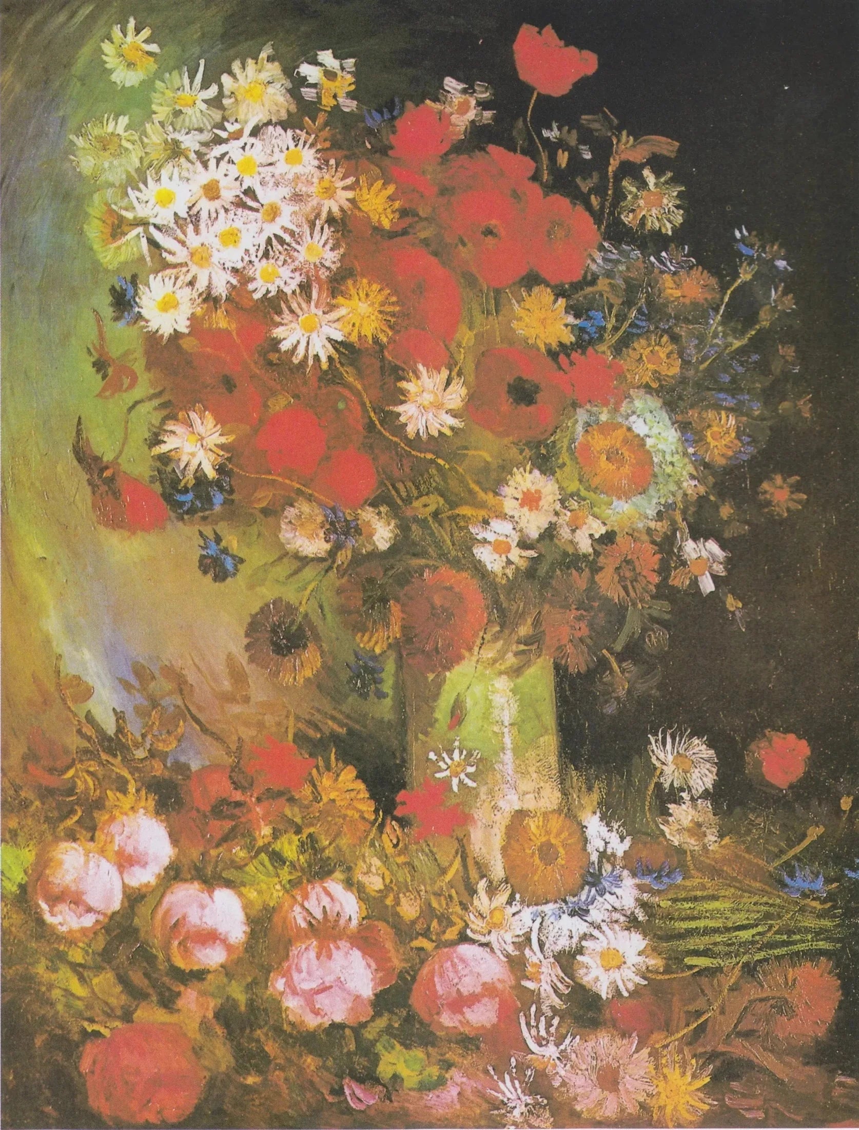 Nature morte aux fleurs des prés et aux roses F278 — grand bouquet peint par Vincent van Gogh sur une étude de lutteurs
