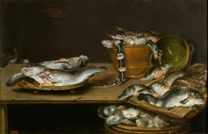 Nature morte de poissons et d'huîtres avec un chat - Alexandre Adriaenssen