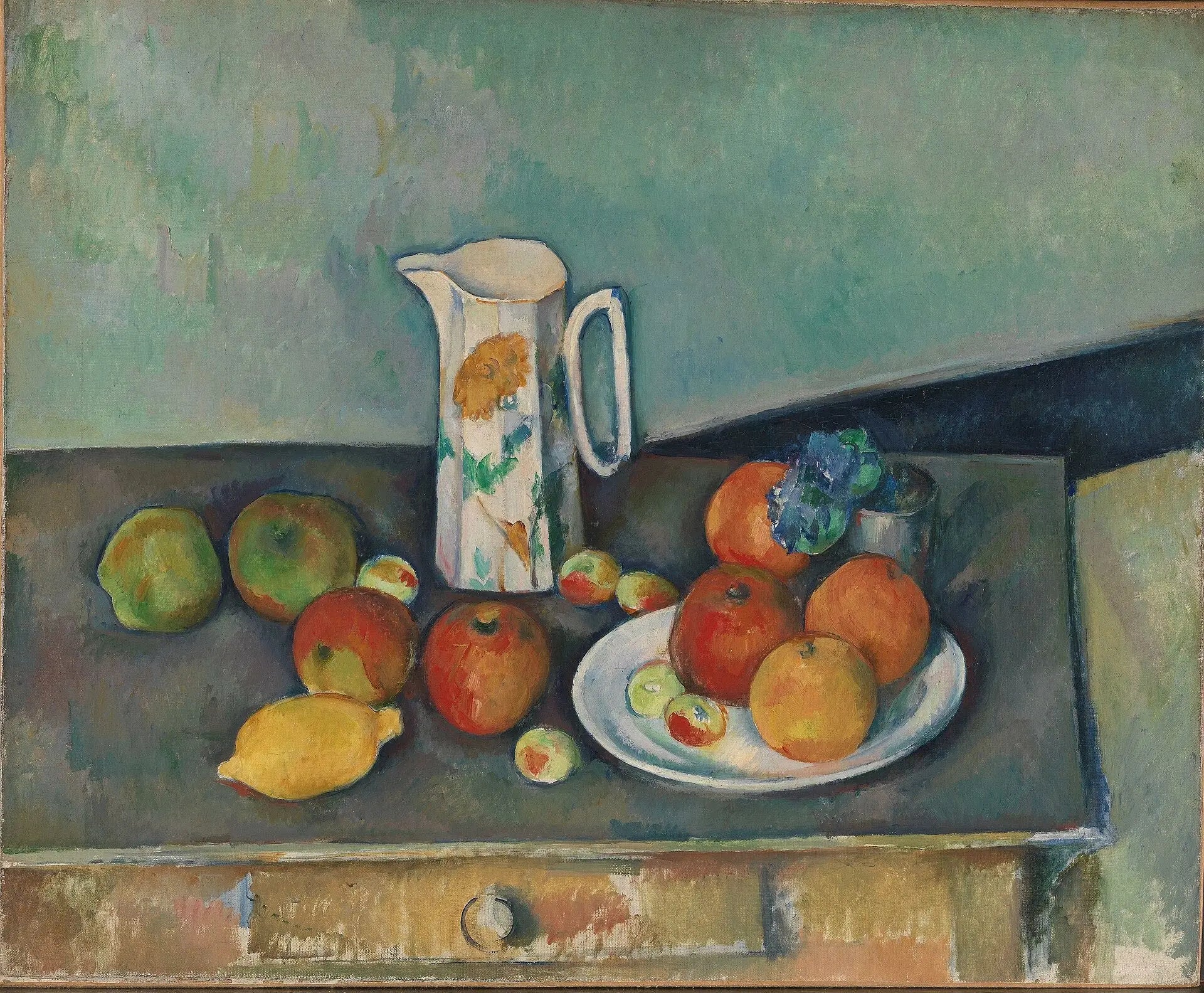 Nature morte, pot à lait et fruits sur une table - Paul Cézanne image 1 copie peinte à la main à l’huile