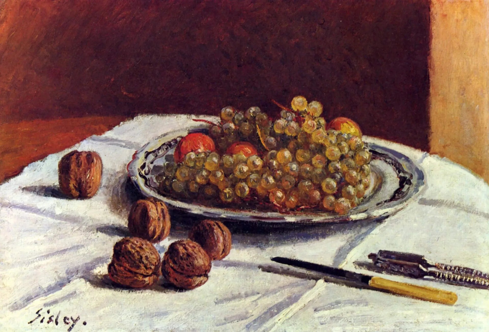 Nature morte, raisins secs et noix - Alfred Sisley image 1 reproduction de peinture à l’huile