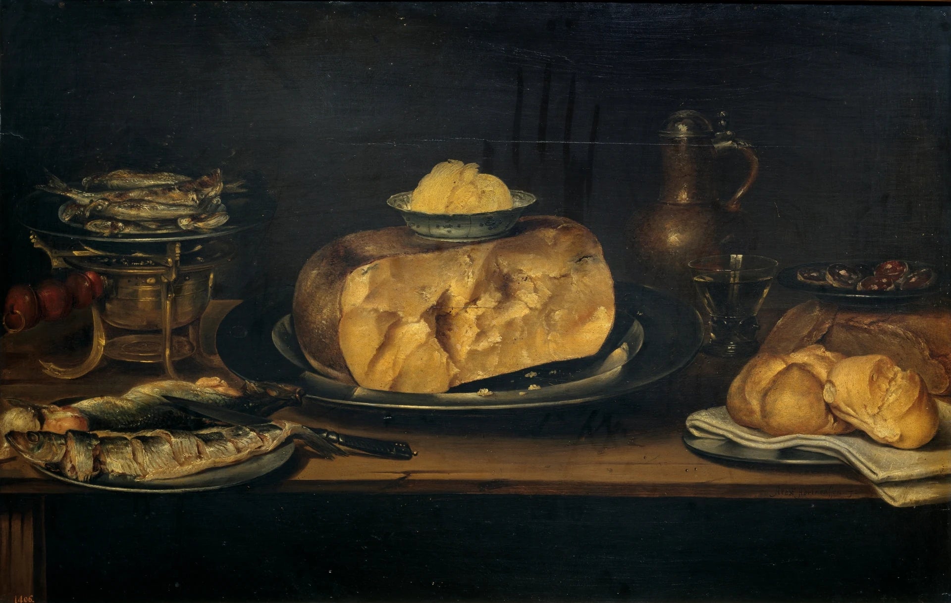 Nature morte d'une table avec vaisselle, fromage, saucisses et poisson - Alexandre Adriaenssen