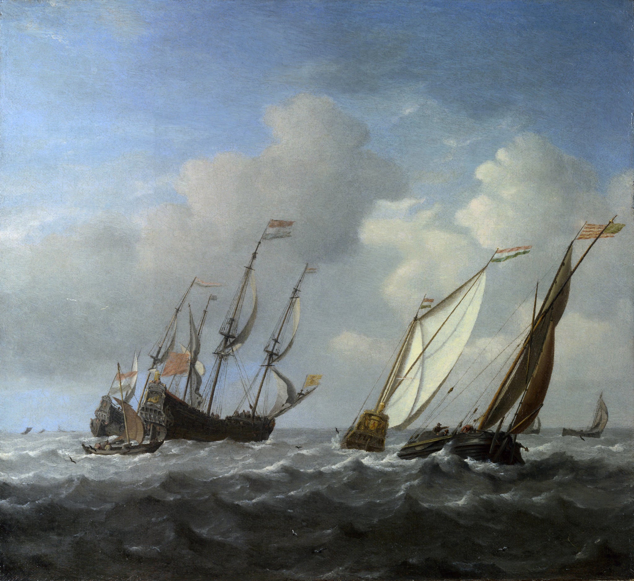 Un navire hollandais, un yacht et des navires plus petits en un clin d'œil - Willem Van de Velde le Jeune