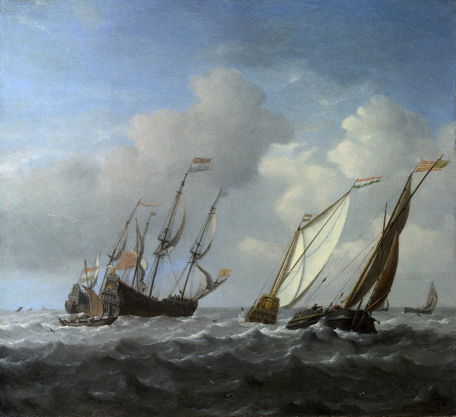 Un navire hollandais, un yacht et des navires plus petits en un clin d'œil - Willem Van de Velde le Jeune