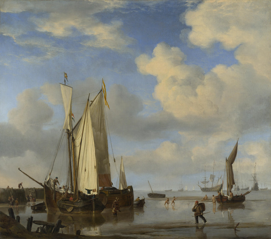 Navires hollandais côtiers et hommes se baignant - Willem Van de Velde le Jeune