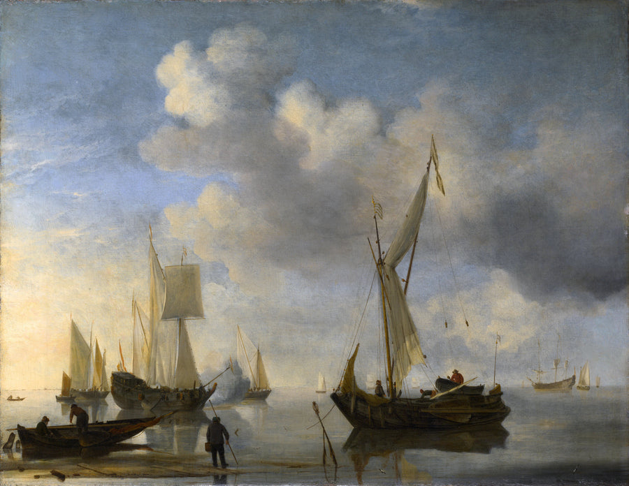 Navires hollandais se trouvant à terre dans un calme, un saluant - Willem Van de Velde le Jeune