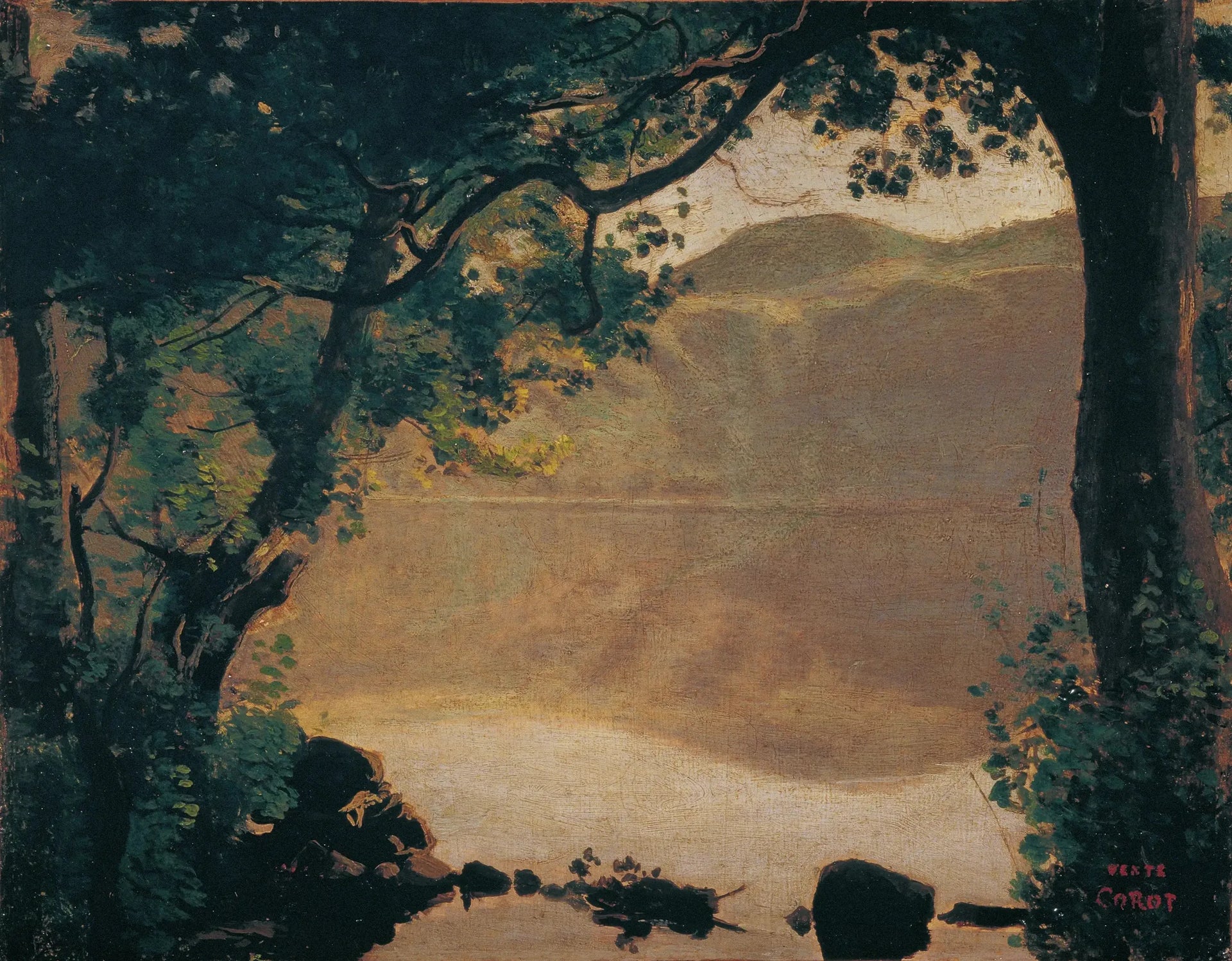 Nemi, le lac vu à travers les arbres - Jean-Baptiste Camille Corot image 1 reproduction réalisée par Alpha Reproduction