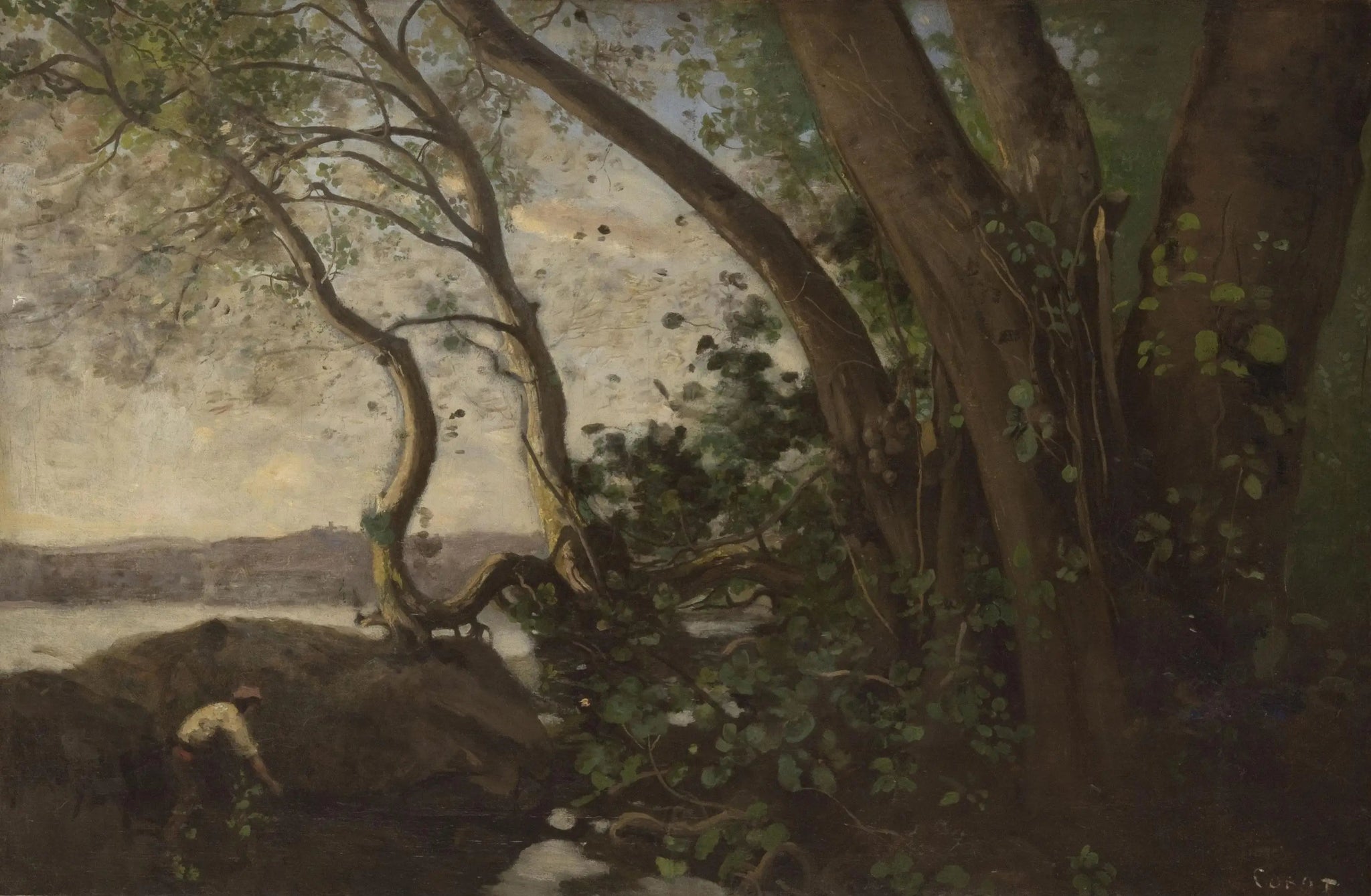 Nemi, les bords du lac - Jean-Baptiste Camille Corot image 1 copie peinte à la main à l’huile